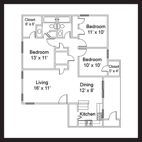 3 Bedroom 2 Bath 1,103 SF